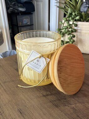 Avaria Yellow Ribbed Glass Jar Candle With Wood Lid - Fresh Plumeria - NWT